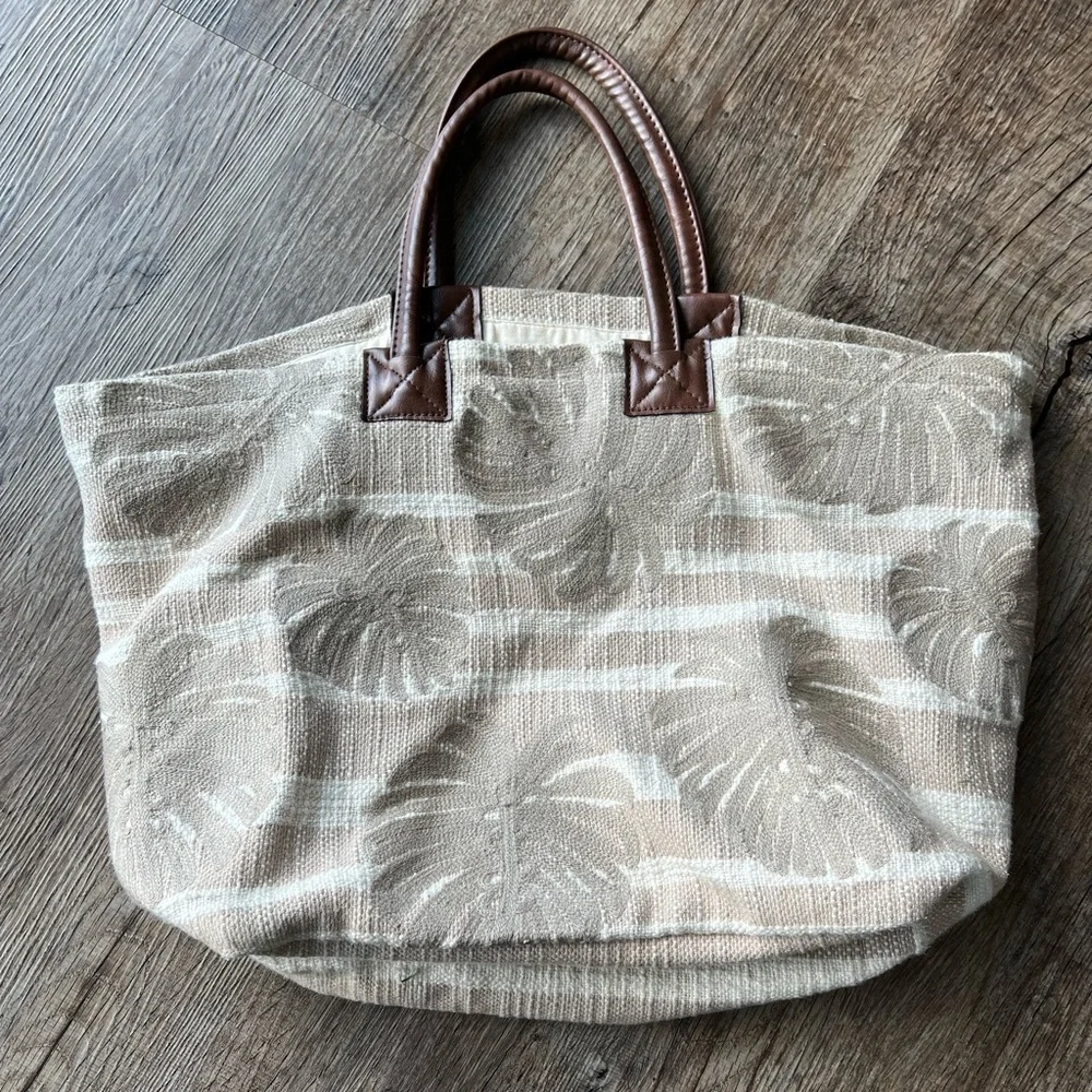 J Jill Cotton Tote Embroidered Textured Leaf Tan Stripes Faux Leather Handles